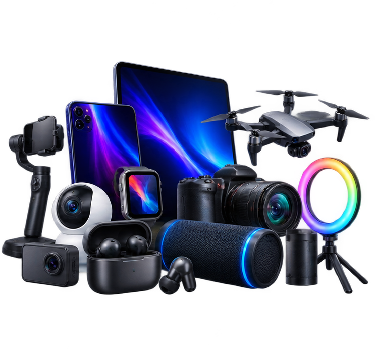 A cluster of technology gadgets and accessories