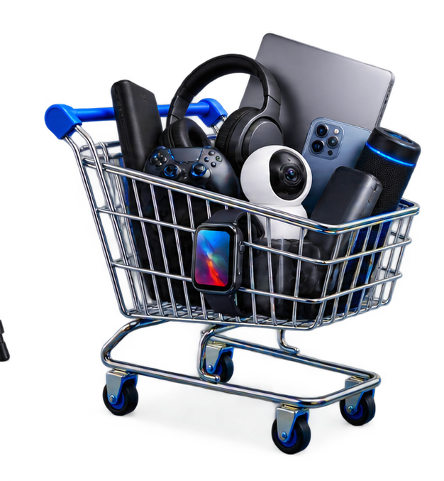 A shopping cart filled with technology gadgets