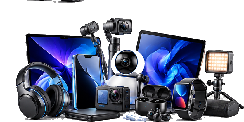 A cluster of technology gadgets and accessories